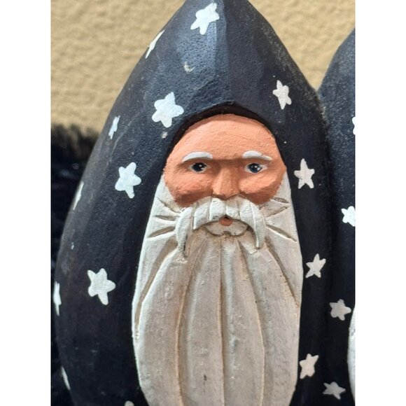 Hand-Carved Wooden Santa Figurines With Starry Black Cloaks & Long White Beards - Picture 4 of 9